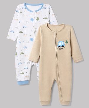 Babyhug 100% Cotton Interlock Knit Full Sleeves Rompers With Vehicle Print Pack of 2 - White & Beige