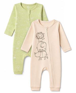 Babyhug 100% Cotton Interlock Knit Full Sleeves Rompers With Animal Print Pack of 2- Beige & Light Green