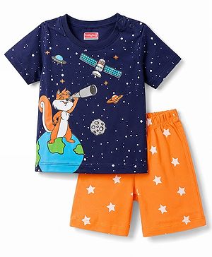 Babyhug Cotton Knit Half Sleeves Space Theme Printed T-Shirt & Shorts Night Suit - Navy