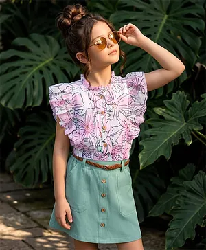 OLLINGTON ST. Rayon Woven Half
                              Sleeves Top & Skirt Set With Floral
                              Print - Multicolor
