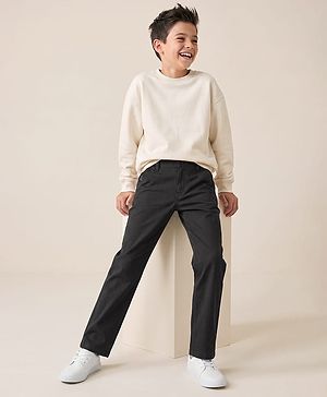 Pine Kids Cotton Elastane Woven Full Length Solid Trousers Pant - Black