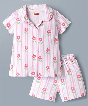 Babyhug Cotton Knit Half Sleeves Floral & Striped Co-Ords Shirt & Shorts Night Suit - Pink