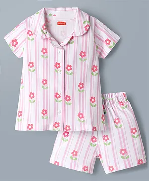 Babyhug Cotton Knit Half Sleeves
                              Floral & Striped Co-Ords Shirt &
                              Shorts Night Suit - Pink