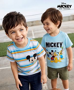 Babyhug Disney Single Jersey Knit Half Sleeve T-shirt With Mickey Mouse Graphics Pack of 2 - Blue & Light Blue