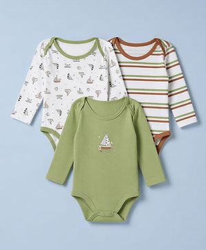 Babyhug 100% Cotton Interlock Knit Full Sleeves Striped Onesies With Boat Print Pack of 3 - White & Green