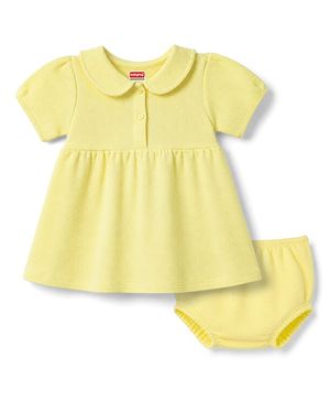 Babyhug Waffle Knit Half Sleeves Solid Frock With Bloomer - Yellow