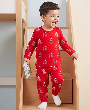 Babyhug 100% Cotton Knit Full Sleeves Text Printed Co-Ords T-Shirt & Pyjama Night Suit - Red
