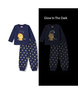 Babyhug Cotton Knit Full Sleeves Lion Printed T-Shirt & Pyjama Night Suit with Glow In Dark Effect - Navy