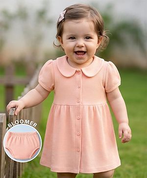 Babyhug Waffle Knit Half Sleeves Frock with Bloomer - Peach