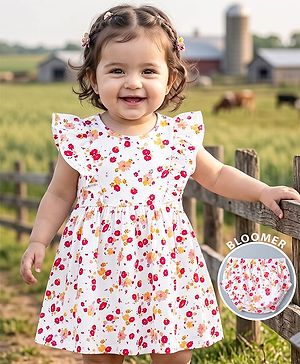 Babyhug Interlock Knit Half Sleeves Floral Printed Frock With Bloomer - White