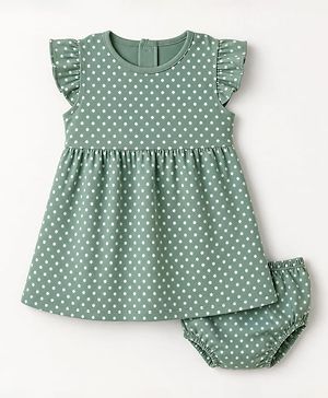 Babyhug Interlock Knit Frill Sleeves Polka Dot Printed Frock with Bloomer - Green