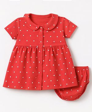 Babyhug Cotton Frocks and Bloomer with Half Sleeves and Polka Dots Print - Red