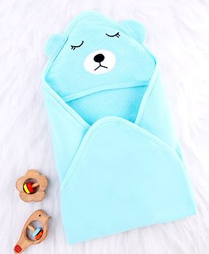 Babyhug Cotton Terry Knit Hooded Towel With Animal Embroidery L 74 x B 74 cm - Light Blue