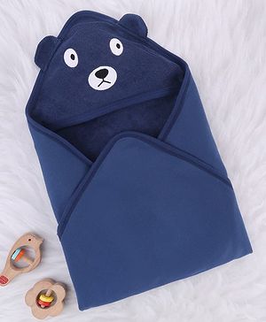 Babyhug Cotton Terry Knit Hooded Towel With Bear Embroidery L 76 x B 76 cm - Navy Blue