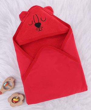 Babyhug Cotton Terry Knit Hooded Towel With Animal Embroidery L 76 x B 76 cm - Red