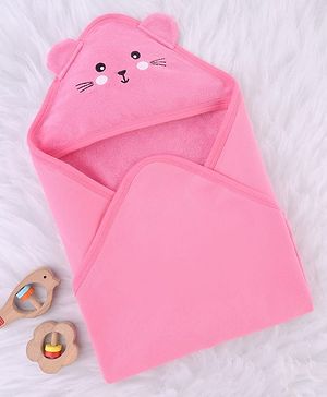 Babyhug Cotton Terry Knit Hooded Towel With Animal Embroidery L 76 x B 76 cm - Pink