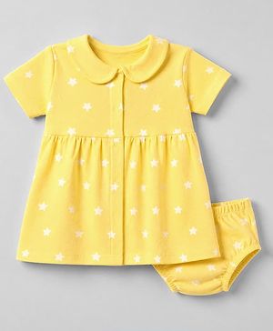 Babyhug Interlock Knit Frock with Bloomer with Half Sleeves and Star Print in Yellow