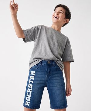 Pine Kids Woven Above Knee Length Denim Shorts With Text Print - Navy Blue