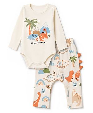 Babyhug 100% Cotton Interlock Knit Dino Printed Onesie With Leggings - Offwhite