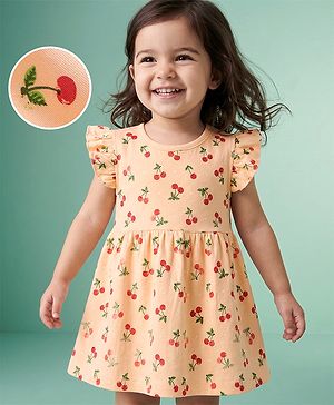 Babyhug Interlock Knit Frill Sleeves Dress with Cherry Print in Pink
