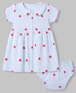 Babyhug Interlock Knit Cotton Half Sleeves Frocks with Bloomer & Heart Print - Light Blue