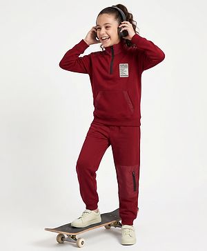 Pine Kids Looper Knit Full Sleeves T-Shirt and Jogger Winter Wear Suit with Fearless Challenger Patch - Maroon