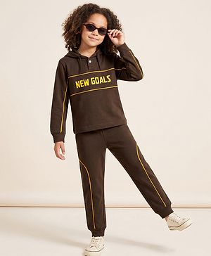 Pine Kids Looper Knit Full Sleeves Hooded T-Shirt and Jogger Winter Wear Suit with New Goals Print - Dark Brown