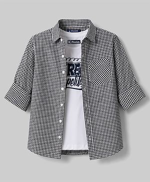 Pine Kids 100% Cotton Woven Full Sleeves Checks Shirt With Text Printed Tank T-Shirt - Black