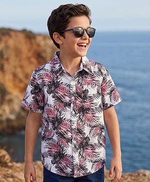 Pine Kids Cotton Woven Half Sleeves Shirt With Leaf Print - Multicolor