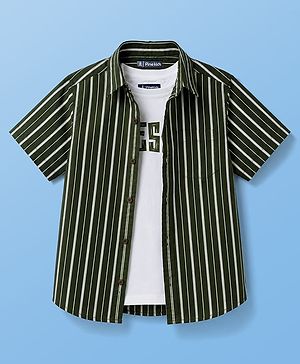Pine Kids Cotton Woven Half Sleeves Striped Shirt With Text printed Tank T-Shirt - Green