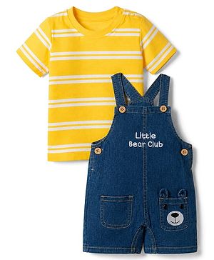 Babyhug Single Jersey Knit Half Sleeves Striped Tee With Bear Face & Text Embroidered Denim Dungaree - Navy & Yellow