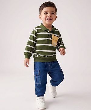 Babyhug Single Jersey Knit Full Sleeves Striped T-Shirt & Denim Joggers Set with Bear Face Patch - Green