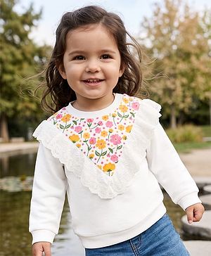 Babyhug 100% Cotton Knit Sweatshirt with Full Sleeves & Floral Print - White