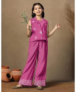 Fashion Dream GIrls Silk Blend
                              Sleeveless Embroidered Crop Top And
                              Palazzo With Jacket - Pink