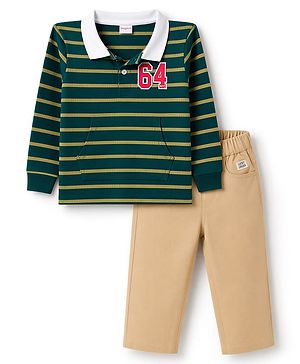 Babyhug Terry Knit Full Sleeves Polo Striped T-Shirt & Trouser Set with Kangaroo Pocket - Dark Green