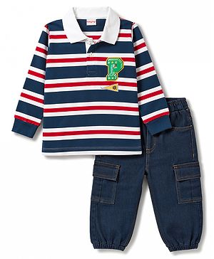Babyhug Single Jersey Knit Full Sleeves Striped T-Shirt & Cargo Jeans Set - Multicolor