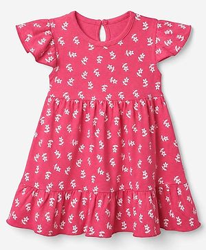 Babyhug Cotton Knit Frill Sleeves Floral Printed Frock - Dark Pink