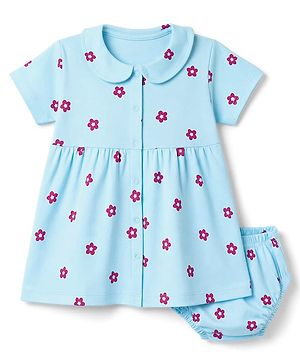 Babyhug Interlock Knit Half Sleeves Floral Printed Frock with Bloomer - Aqua Blue