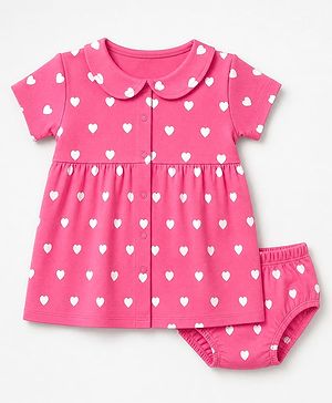 Babyhug Interlock Knit Cotton Half Sleeves Frocks with Bloomer & Heart Print - Pink