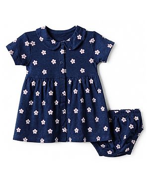 Babyhug Interlock Knit Knee Length Frock and Bloomer with Half Sleeves and Floral Print in Navy Blue for New born