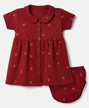 Babyhug Interlock Knit Cotton Half Sleeves Frocks with Bloomer & Cherry Print - Maroon