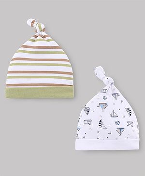 Babyhug 100% Cotton Knit Striped & Nautical Theme Printed Caps Pack Of 2 Olive Green & White - Diameter 10 cm