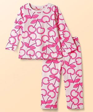 Babyhug 100% Cotton Knit Full Sleeves Cherry Printed Co-ords T-Shirt & Pyjama Night Suit - White