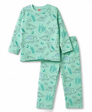 Babyhug 100% Cotton Knit Full Sleeves Dino Printed Co-Ords T-Shirt & Pyjama Night Suit - Green