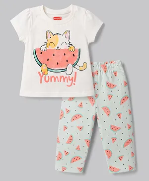 Babyhug Cotton Knit Half Sleeves
                              Kitty & Watermelon Printed T-Shirt
                              & Pyjama Night Suit - White