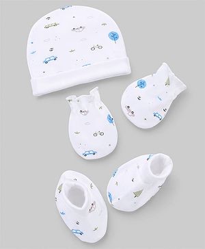 Babyhug 100% Cotton Interlock Knit Cap Mittens & Booties Set With Vehicle Print White - Diameter 14.5 cm