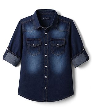 Pine Kids Denim Woven Full Roll Up Sleeves Shirt - Blue