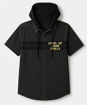 Pine Kids Cotton Woven Hooded Shirt with Half Sleeves and Level Up Your Skills Print - Black