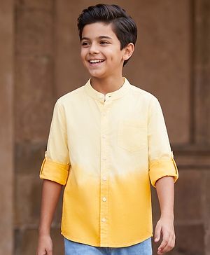 Pine Kids Cotton Woven Full Sleeves Solid Mandarin Collar Shirt with Ombre Effects-  Yellow