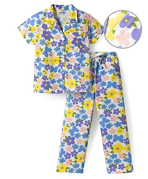 Honeyhap Premium Cotton Knit Half
                              Sleeves Floral Printed Co-Ords Shirt &
                              Pyjama Night Suit With Bio Wash- White
                              & Blue